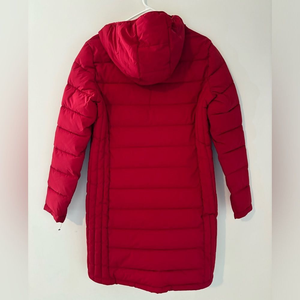 Tommy Hilfiger ThFlex Women’s Puffer Jacket Size Medium Red Hooded Long Lengh - Picture 2 of 7